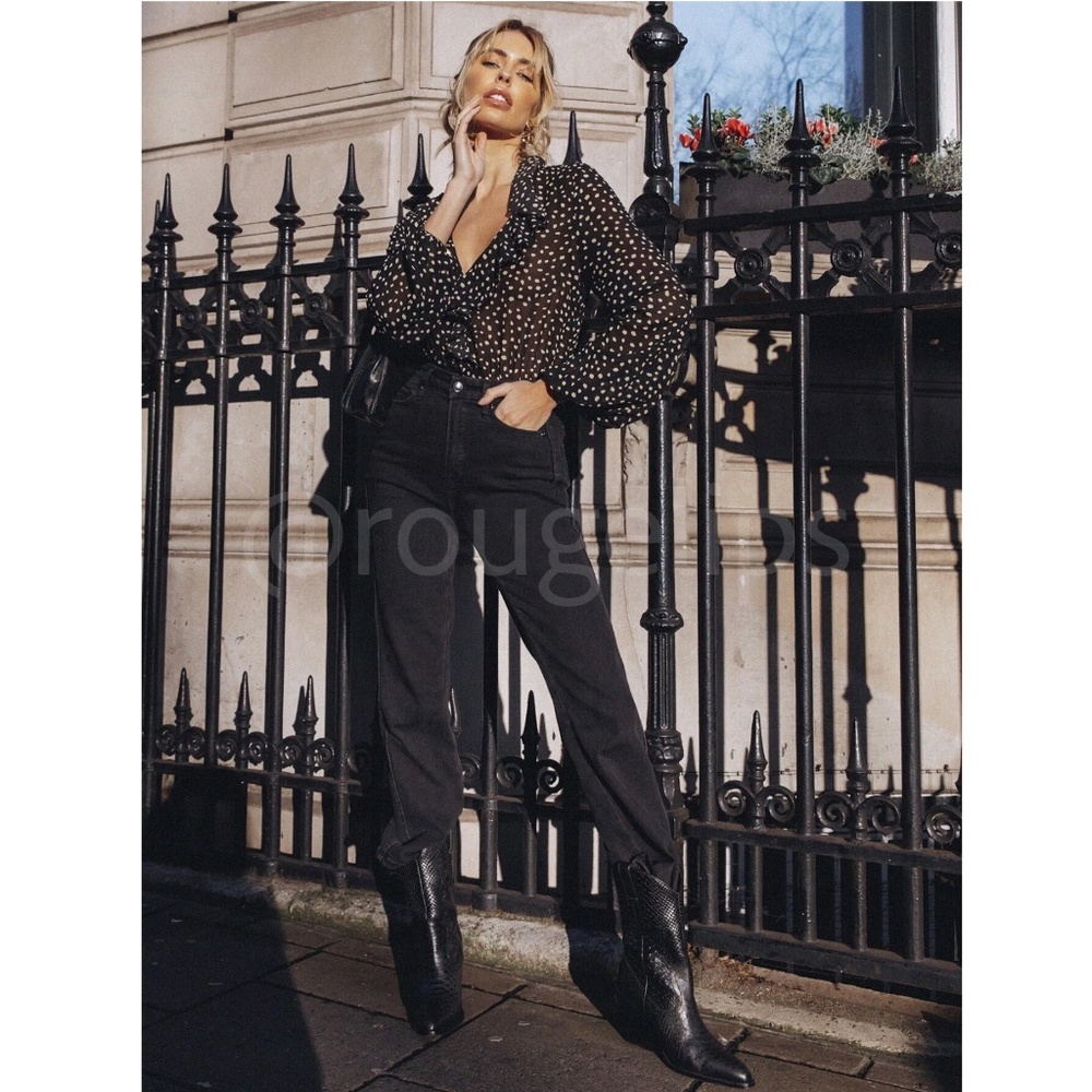 Bodysuit Spotty Print Chiffon Sheer Black Long Sleeve Ruffle Detail V-Neck - Picture 2 of 6